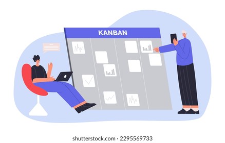 Kanban board concept. Cartoon two male employees working together and creating plan. Assigning tasks for team. Management and organization business process at office vector illustration