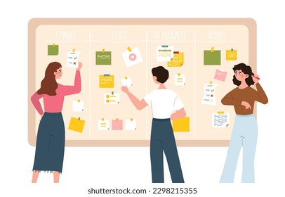 Kanban board concept. Man and woman collect colorful paper with tasks. Teamwork, colleagues working on common project. Segregation of duties and efficient workflow. Cartoon flat vector illustration