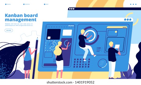 Kanban board. Guys manage with task scrum board, analyzing process software. Teamwork agile organizer coworking vector landing page