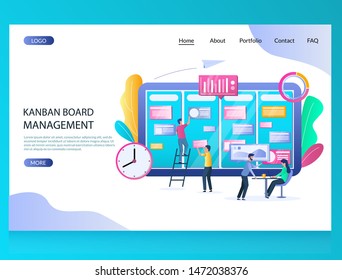 Kanban board management vector website template, web page and landing page design for website and mobile site development. Kanban methodology for agile software development concept with characters.