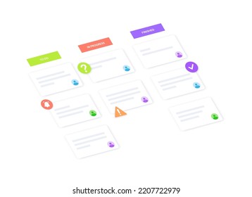 Kanban board methodology. Meeting process, cards with tasks on whiteboard, teamwork visualization in office or online. To do, in progress, done stages. WIP limits, agile model flat vector illustration