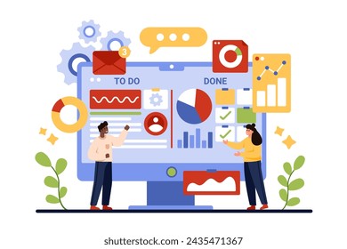 Kanban board, software for visual agile project management method. Tiny people check infographic digital charts, list and notes online for analysis and interaction cartoon vector illustration