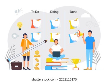 Kanban board with stickers concept vector.Agile and scrum methodology are shown. Explainer illustration of scrum daily stand-up meeting. Scrum master with development team.  