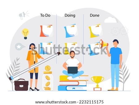 Kanban board with stickers concept vector.Agile and scrum methodology are shown. Explainer illustration of scrum daily stand-up meeting. Scrum master with development team.  
