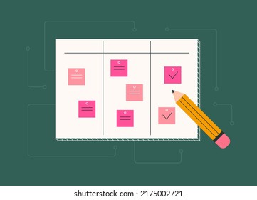 Kanban board with a sticky notes. Scrum, agile methodology. Project management, business planning concept. Managing and completing daily tasks. Isolated flat vector illustration