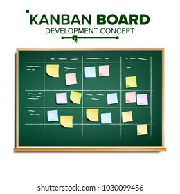 Kanban board Vector. Sticky Notes. Business Working Process Management. Team Planning Iterations. Realistic Illustration
