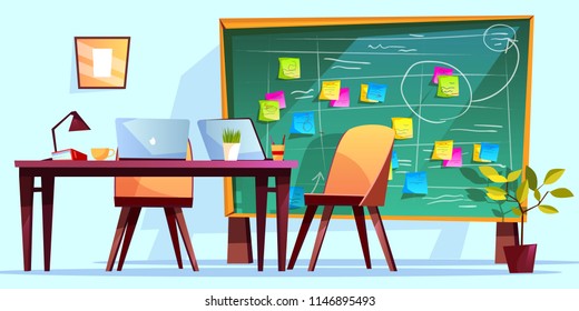 Kanban board at workplace vector illustration for agile scrum management and teamwork business planning. Cartoon computer at office table, meeting schedule and project plan memo notes