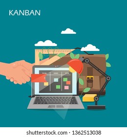 Kanban concept vector flat illustration. Laptop with cards on virtual task board on screen, handshake, briefcase, lamp, ruler. Online kanban technology composition for web banner, website page etc.