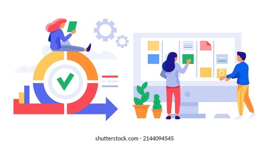 Kanban project management. Cartoon man and women working together in team improving workflow. Company workers track progress, brainstorm and schedule tasks. Characters making plan vector