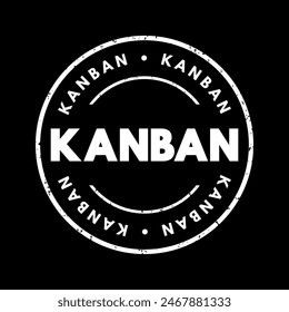 Kanban - it is a scheduling system used in manufacturing, inventory management, and project management to control and optimize the flow of work, text concept stamp