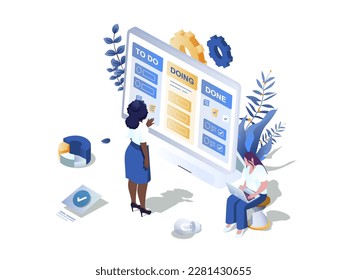 Kanban system concept 3d isometric web scene. People using colorful cards with tasks on board for visualizing workflow and works on business project. Vector illustration in isometry graphic design