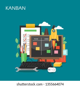 Kanban vector flat illustration. Kanban cards on whiteboard, rocket, clipboard with checklist. Agile methodology for startup business, visual process management concepts for web banner, website page.