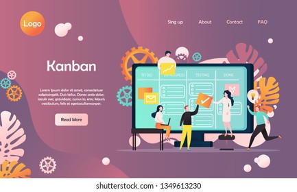 Kanban vector website template, web page and landing page design for website and mobile site development. Programming team developing software using agile kanban methodology electronic task board.