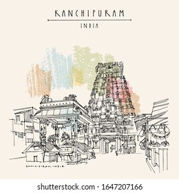 Kanchipuram (Kanchi), Tamil Nadu, South India. Market at Ekambeshwarar (Ekambaranatha) Temple. Hindu religion sacred place. Travel sketch drawing. Vintage hand drawn touristic postcard, poster. Vector