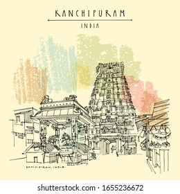 Kanchipuram (Kanchi), Tamil Nadu, South India. Market at Ekambeshwarar (Ekambaranatha) Temple. Hindu religion sacred place. Travel sketch drawing. Vintage hand drawn touristic postcard, poster. Vector