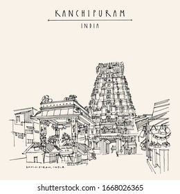 Kanchipuram (Kanchi), Tamil Nadu, South India. Market at Ekambeshwarar (Ekambaranatha) Temple. Hindu religion sacred place. Travel sketch drawing. Vintage hand drawn touristic postcard, poster. Vector