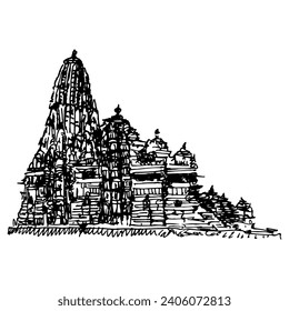 Kandariya Mahadeva Temple in Khajuraho, India. Hindu architectural medieval monument. Hand drawn linear doodle rough sketch. Black silhouette on white background.