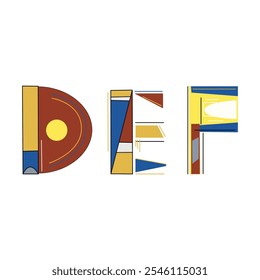 Kandinsky style DEF alphabet letters for your design, vector image. Classic triad color combination.
