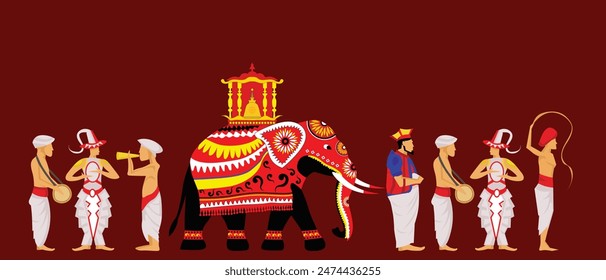 Kandy Esala Perahera. Sri Lanka. Kanday Dalada Kingdom. Sri Lanka traditional perahara. Vector Art.