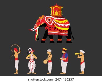 Kandy Esala Perahera. Sri Lanka. Kanday Dalada Kingdom. Sri Lanka traditional perahara. Vector Art.