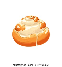 Kanelbullar bun with syrup, fresh bakery food roll isolated cartoon icon. Vector mini bun in shape of snail, fresh dessert, bakery food. Danish cinnamon roll, sweet cinnabon for patisserie menu