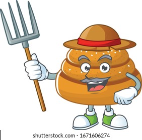 Kanelbulle in Farmer mascot design with hat and pitchfork