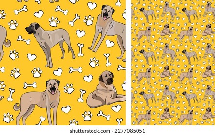 Kangal dog on a playful yellow background with bones and paws. Funky, colorful vibe, vibrant palette. Simple, clean, modern texture. Summer seamless pattern with dogs. Birthday present. Valentine,love