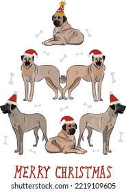 Kangal shepherd dogs wearing winter hats. Cute funny dogs.Abstract Christmas tree. Vector illustration. Merry Christmas greeting card with the cute funny pale dogs, holiday, purebred with black mask.