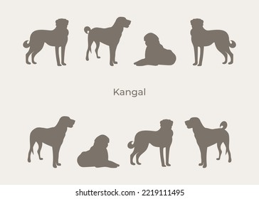 Kangal Shepherd silhouettes. Cute kangal dogs characters in various poses, design for print, cute cartoon vector set, in different poses. One color design. Big large dog.