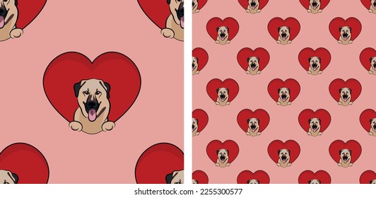 Kangal Turkish dog with paws pattern, Valentine's day heart wallpaper. Love heart with pet head holiday texture. Dog face Holding Heart Cartoon square background. St Valentine's day present paper.