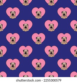 Kangal Turkish dog with paws pattern, Valentine's day heart wallpaper. Love heart with pet head holiday texture. Dog face Holding Heart Cartoon square background. St Valentine's day present paper.