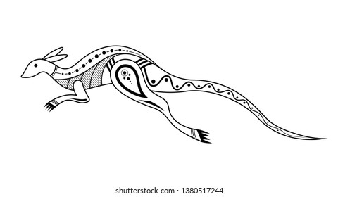 Kangaroo. Aboriginal art style. Tatoo. Black and white logo. Vector monochrome illustration isolated on white background.