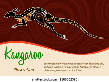 Kangaroo. Aboriginal style. Vector abstract color illustration. Flyer, card template.