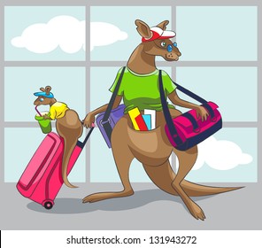 The kangaroo at the airport with two big bags and a suitcase on which her  little son sits and drinks juice