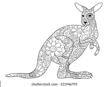 kangaroo animal coloring book for adults vector illustration. Anti-stress coloring for adult. Zentangle style. Black and white lines. Lace pattern