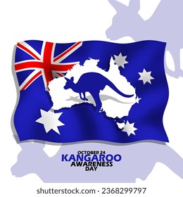Kangaroo animal icon with a map and a waving Australian flag, with bold text on white background to commemorate National Kangaroo Awareness Day on October 24