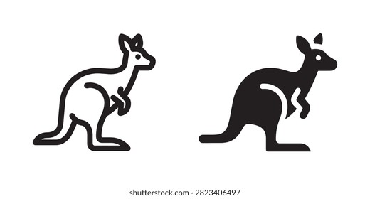 Kangaroo animal icons in outline and solid black silhouette with kangaroo marsupial wildlife australia
