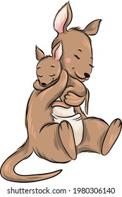 Kangaroo animals. Australian child kangaroo and mother. Cute hugs vector illustration.