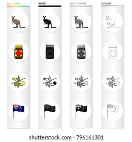 Kangaroo, apple sauce chutney, Australian acacia,wattle, national flag. Australia set collection icons in cartoon black monochrome outline style vector symbol stock illustration web.