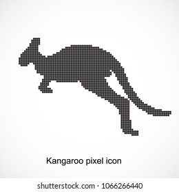 Kangaroo Australia icon game. Pixel art kangaroo symbol, logo. Lined, ruled animal, kangaroo black silhouette. Dotted pop art vector illustration.
