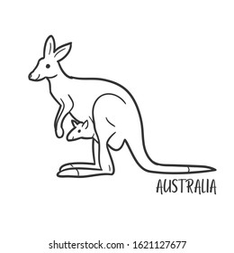 Kangaroo Australia Traditional Doodle. Icons Sketch Hand Made. Design Vector Line Art.