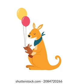 Kangaroo as Australian Animal with Baby Sitting in Pouch and Holding Balloons Vector Illustration