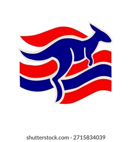 Kangaroo with Australian Flag Design.  Dynamic blue kangaroo silhouette jumping over red and white wavy stripes in the style of the Australian flag on a white background. Suitable for sports, tourism and patriotic Australian themes.