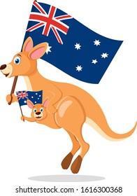 Kangaroo with a baby in a bag jump and wave flags on a white. Australia day