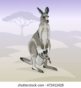 Kangaroo with baby in bag standing in front of tree savannah. Wild Australian animals. Marsupial mammals with powerful legs and massive tail. Realistic characters, stylized background. Vector.