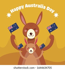 Kangaroo with a baby in a bag and wave flags. Australia day