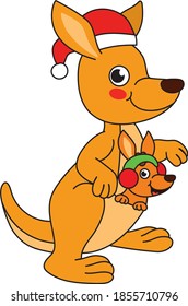 Kangaroo with a baby in Santa hat vector illustration