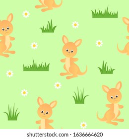 Kangaroo baby seamless pattern. Cute cartoon kangaroos, green grass and flowers. Children's background. Simple vector illustration. Funny australian animals.