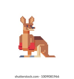 Kangaroo boxer. Pixel art character. Australian animal. Boxing logo. Stickers design. Isolated vector illustration. 