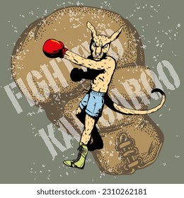 Kangaroo boxer throwing a punch with red boxing gloves. fighting kangaroo mascot of a boxing club, in the background a big boxing glove. Sport illustration concept.